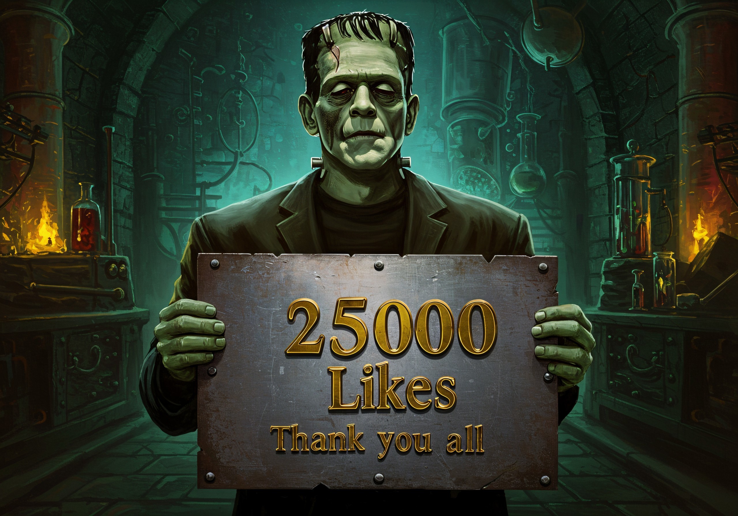 Frankenstein-like character in a dim laboratory setting