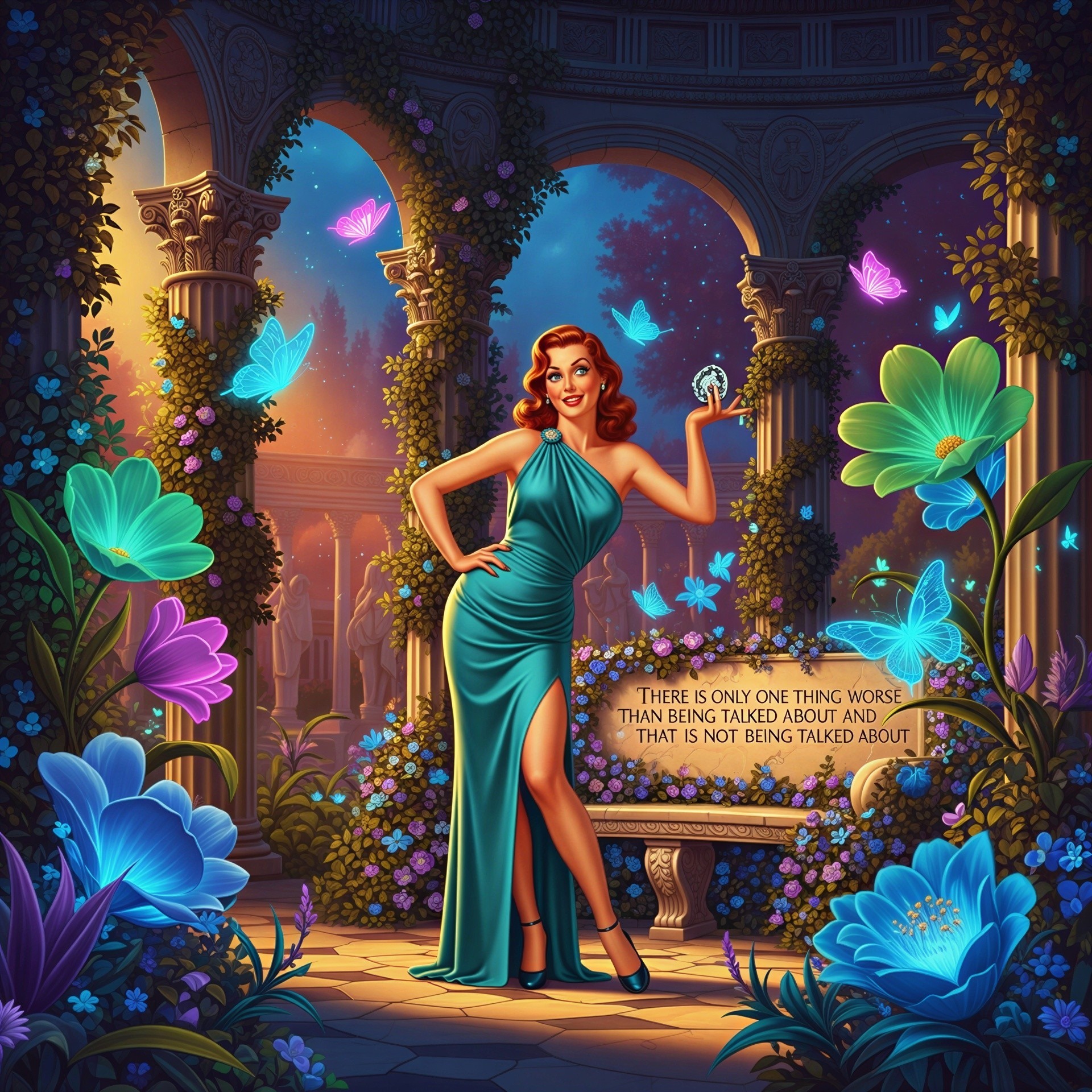 Glamorous Woman in Teal Gown in Lush Garden Setting