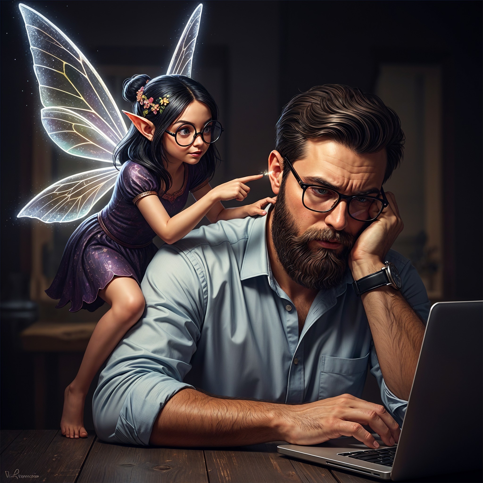 Disheartened man with laptop and playful fairy companion