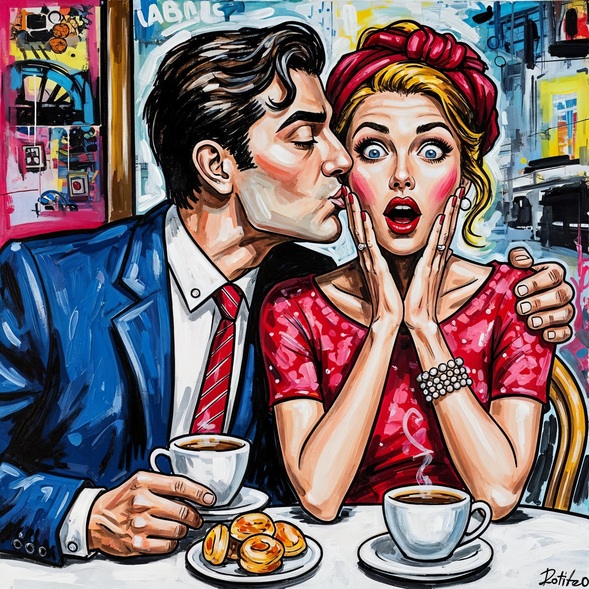 Stylish Couple at Café Table with Vibrant Expressions