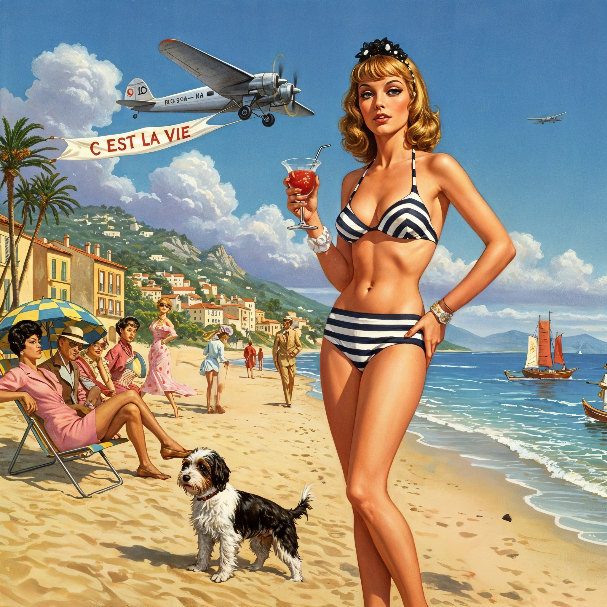 Retro Beach Scene with Glamorous Woman and Dog