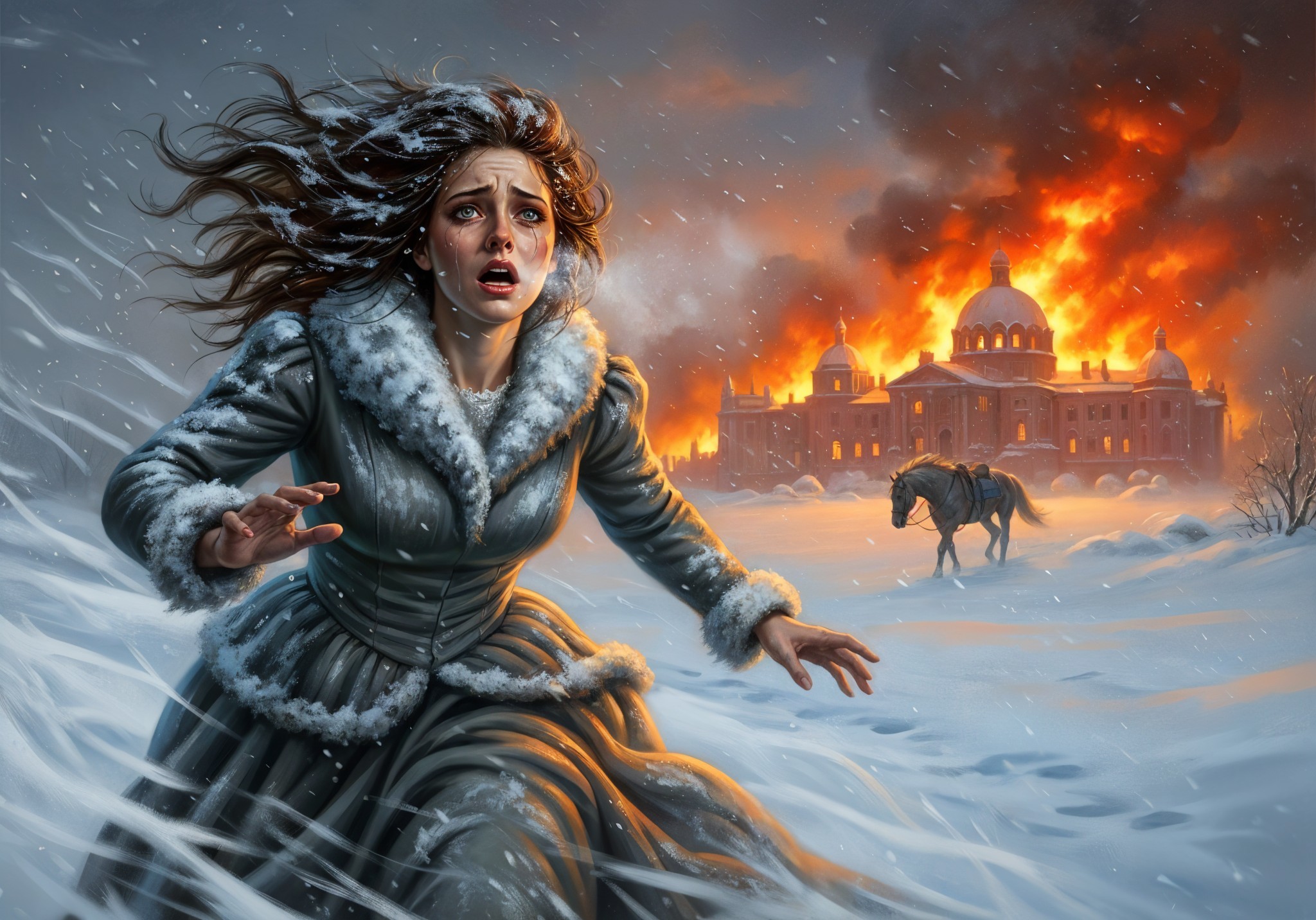 Terrified woman fleeing a burning building in snow