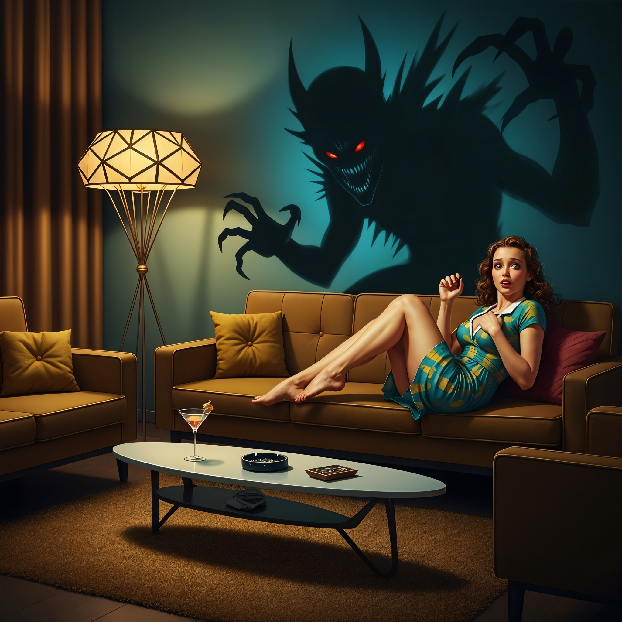 Cozy Living Room with Startled Woman and Eerie Shadow