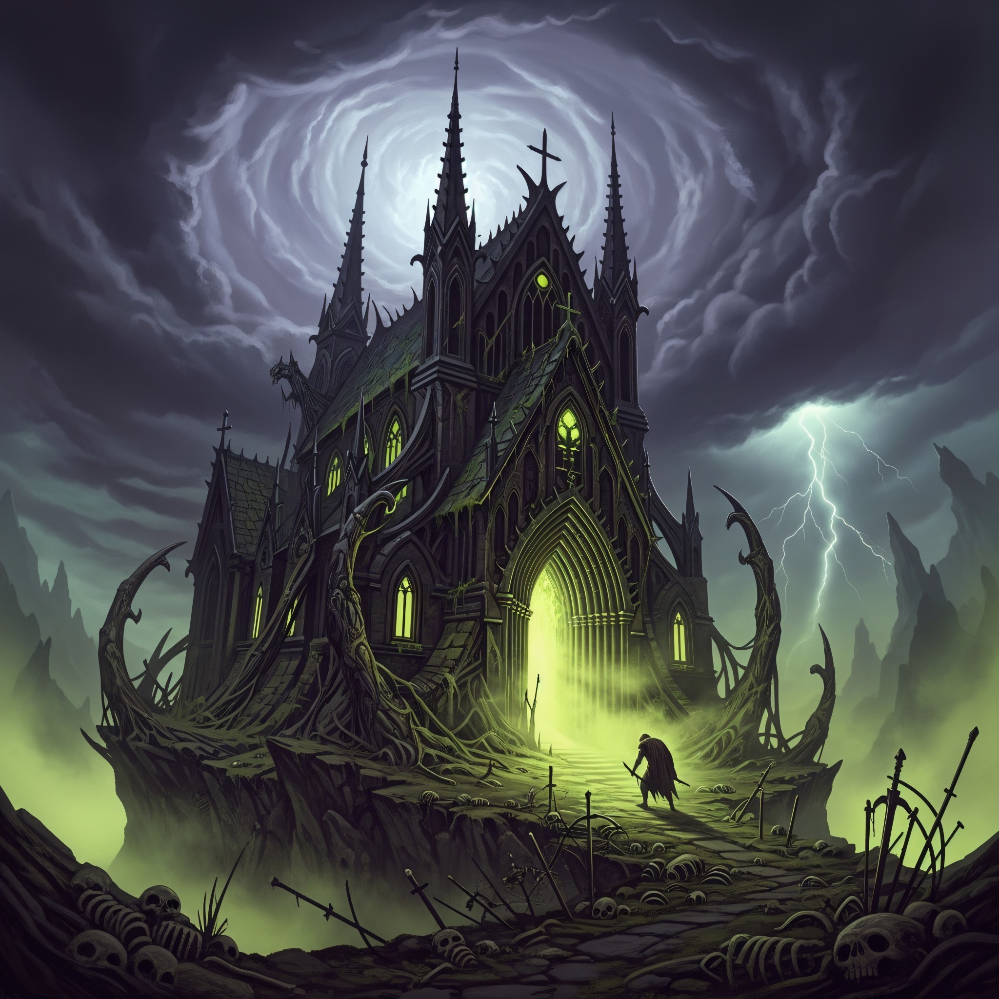 Gothic monastery with glowing windows and dark clouds