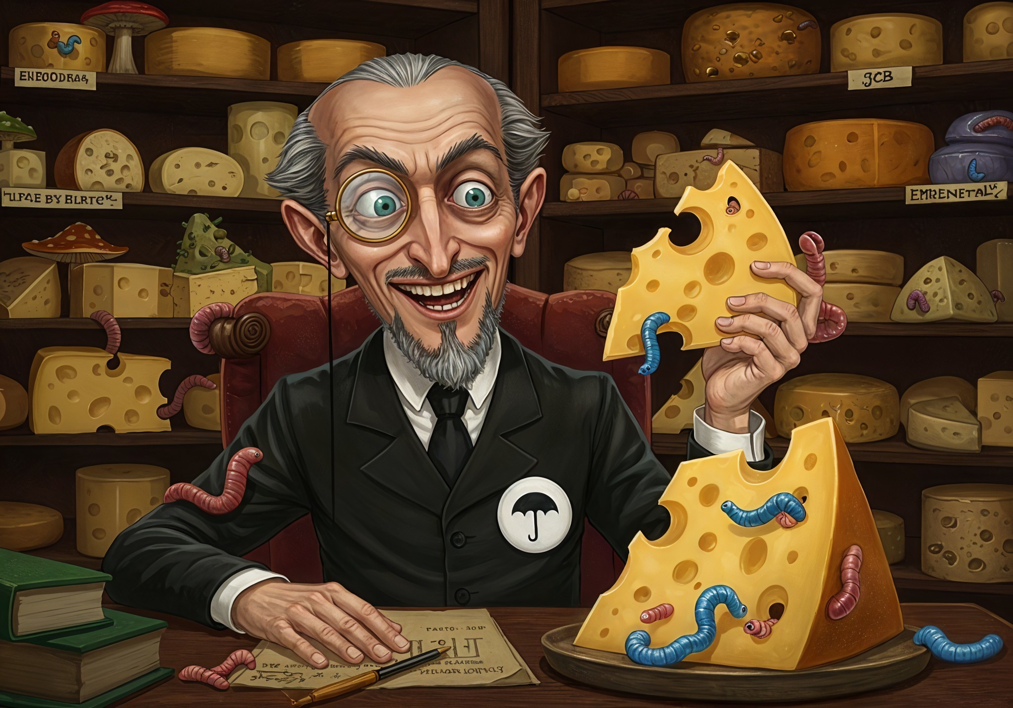 Whimsical Cheese Shop with Colorful Worms and Character