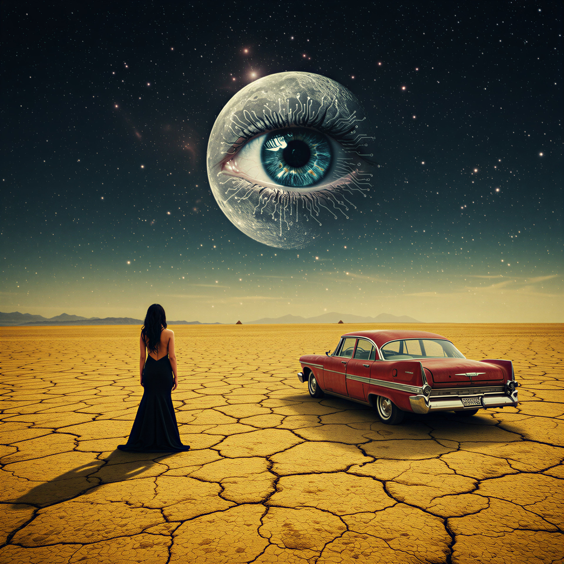 Surreal Landscape with Woman, Vintage Car, and Moon