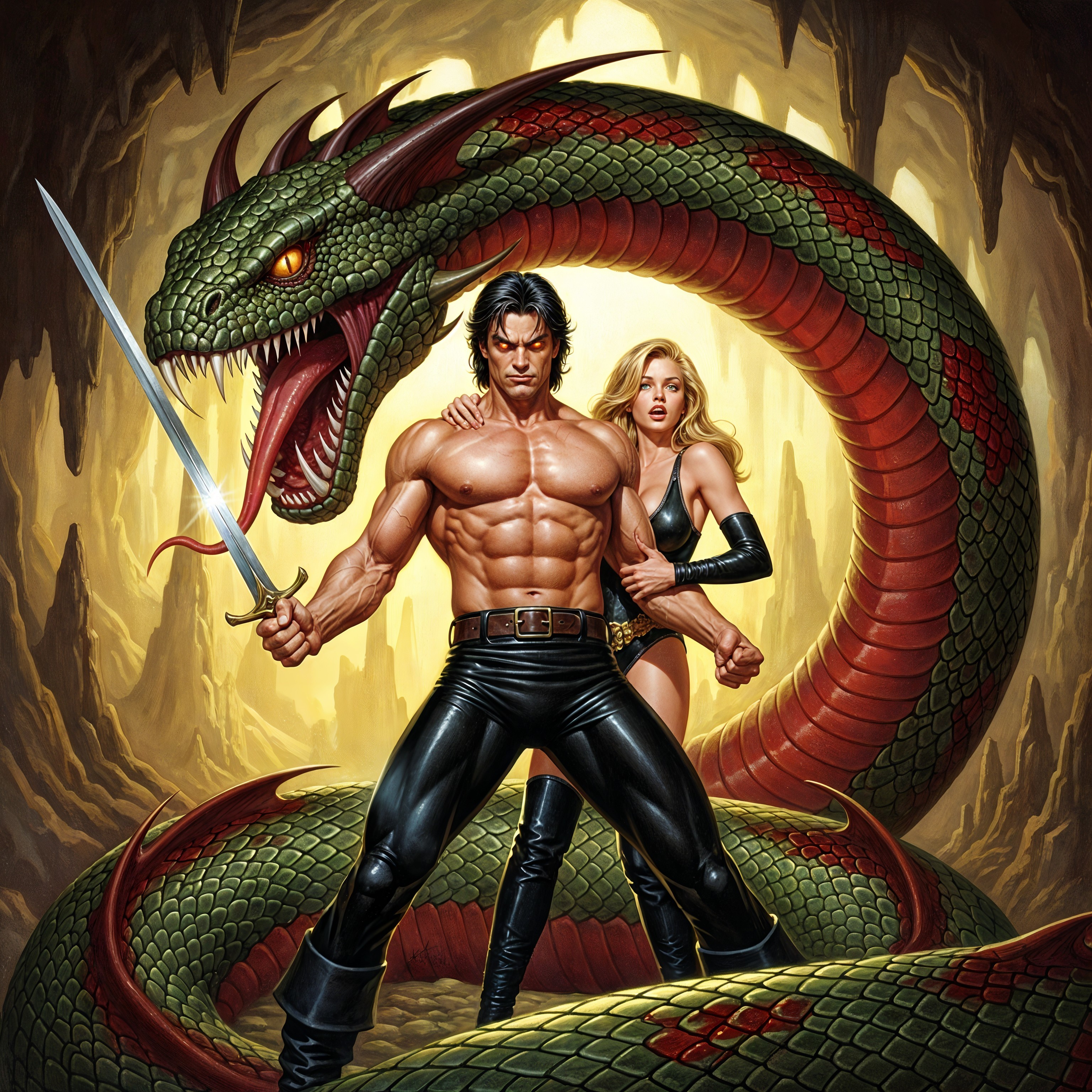 Warrior and Woman Face Dragon in Dramatic Setting