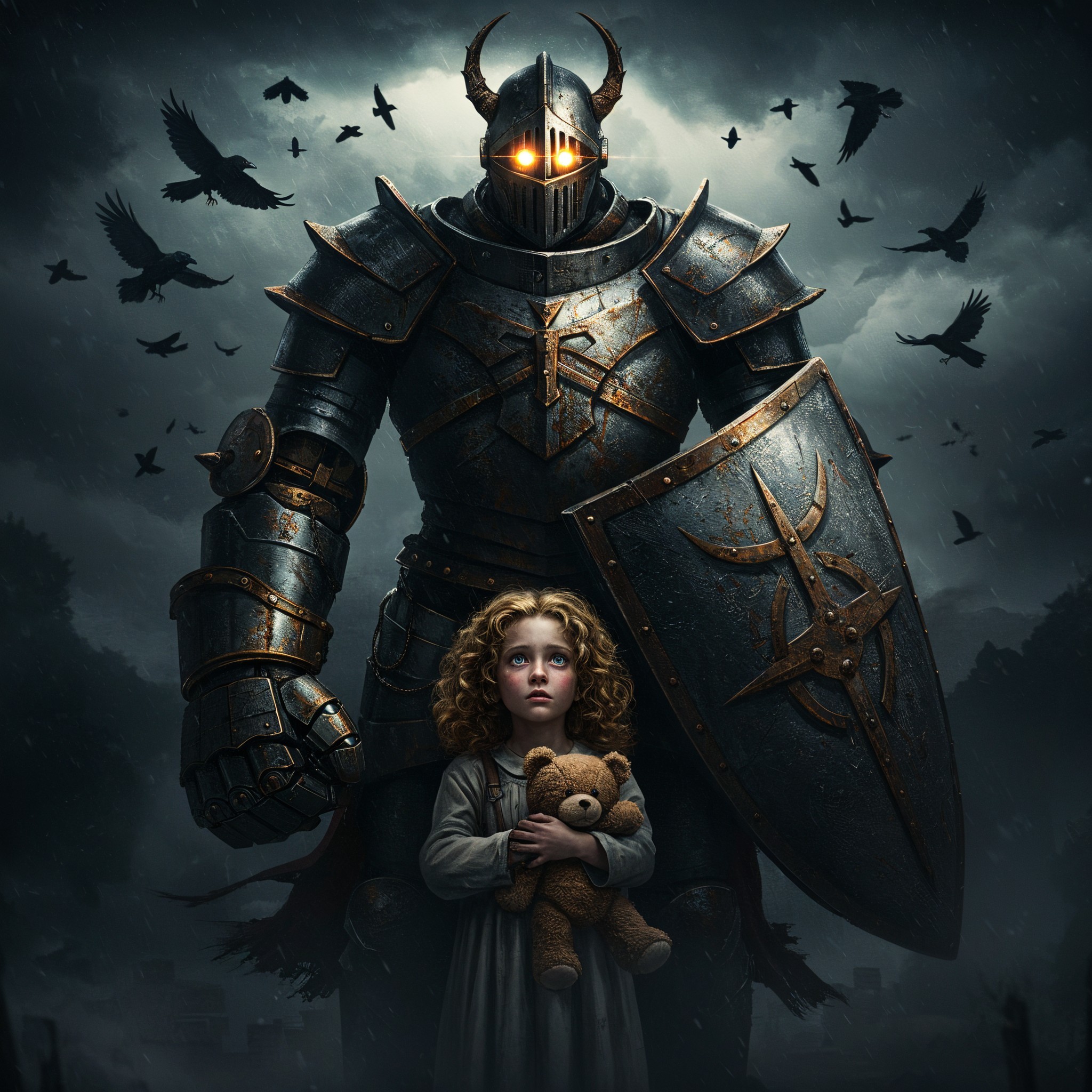 Knight in Dark Armor Protecting a Young Girl