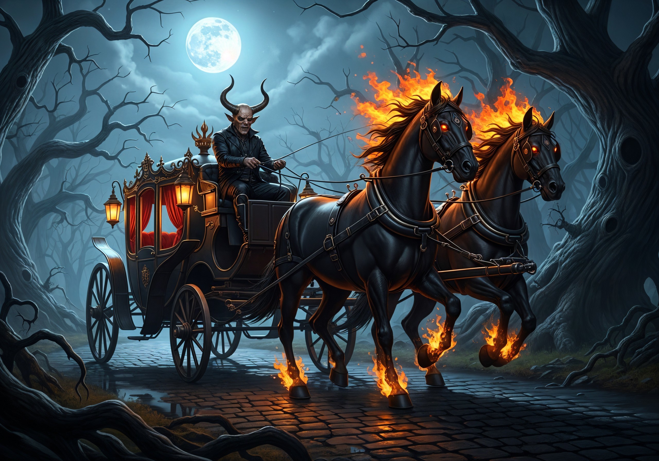 Sinister Figure in Fiery Carriage with Blazing Horses