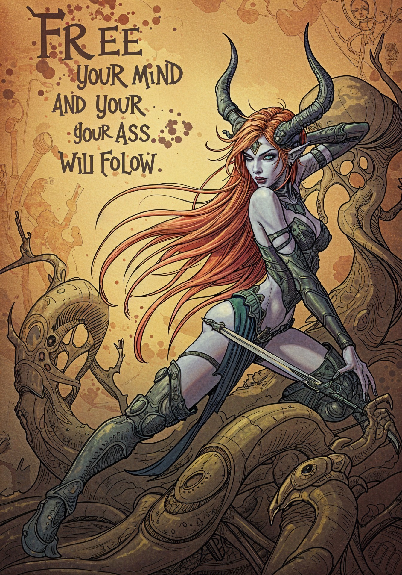 Fierce Female Figure in Surreal Mechanical Setting