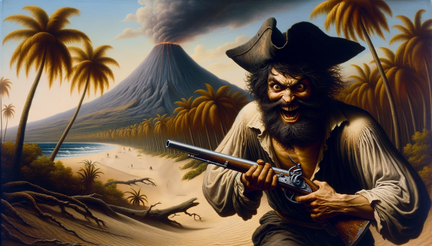 Fearsome Pirate on Tropical Beach with Erupting Volcano