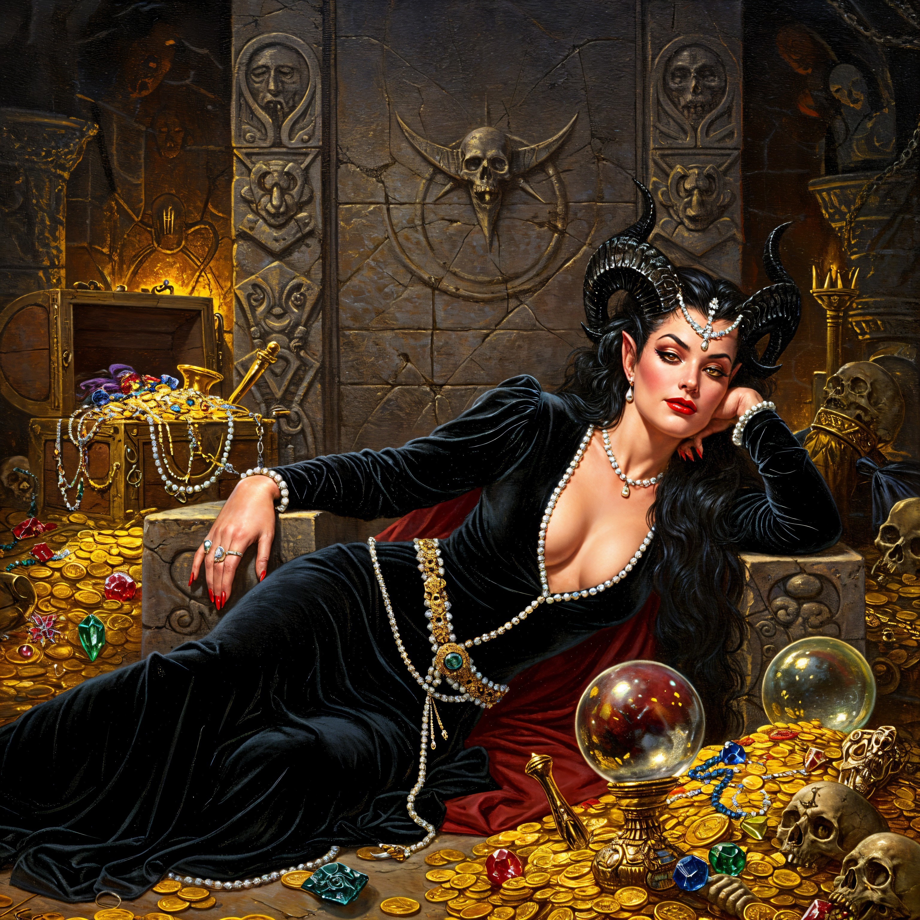 Mysterious Sorceress Surrounded by Treasures and Artifacts