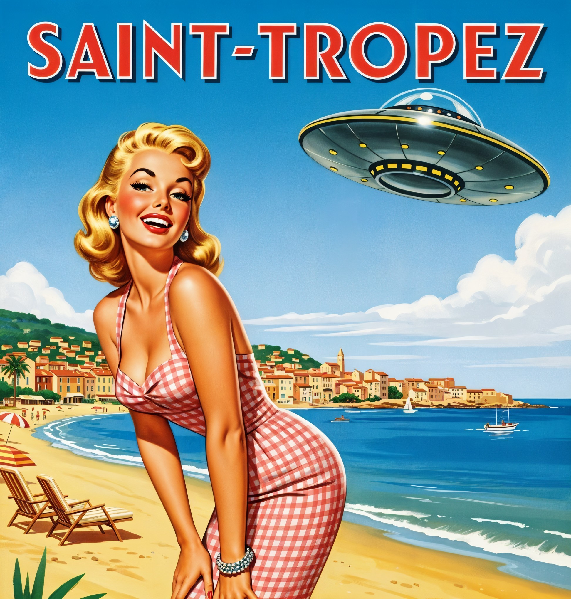 Retro Illustration of Glamorous Woman at Beach