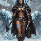Fierce Warrior in Tribal Armor in Snowy Landscape