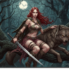 Warrior Woman with Wolf in Enchanted Forest Scene