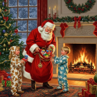 Symmetrical Painting of Santa Claus with Children at Christmas