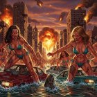 Women in Bikinis Amid Flooded Urban Disaster Scene