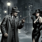 Noir Cityscape with Intense Gunman and Glamorous Woman