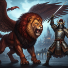 Fierce Winged Lion and Armored Warrior in Fantasy Scene