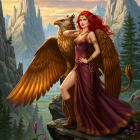 Majestic Woman and Griffin in Dramatic Landscape