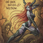 Fierce Female Figure in Surreal Mechanical Setting