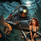 Horror Comic Cover with Woman on Train Tracks