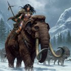 Warrior Woman on Mammoth in Snowy Landscape