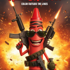 Cartoon Red Crayon Character with Guns in Fire Scene