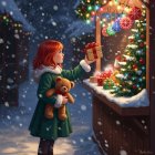 Whimsical Winter Scene with Girl and Market Stall