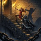 Female Archer and Warrior in Castle Interior Scene