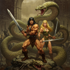 Warrior and Female Companion in Fantasy Battle Scene