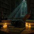 Black Cat on Ancient Books in Dim Library Setting