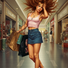 Young Woman in Pink Crop Top at Vibrant Shopping Mall