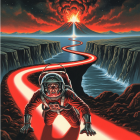 Astronaut on Glowing Path Amid Volcanic Eruption