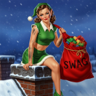Retro Elf Illustration on Snowy Chimney with Gifts