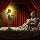 Young girl glows in dim bedroom with surprised man