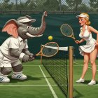 Cartoon Tennis Match Between Elephant and Woman