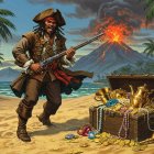 Pirate with Musket on Tropical Beach and Treasure Chest