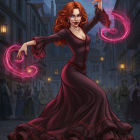 Mystical Woman Casting Spells on Cobblestone Street
