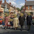 Whimsical Street Scene with Crocodile-Headed Figures