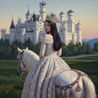 Regal figure on horse with castle backdrop at sunset