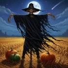 Spooky Scarecrow in Wheat Field Under Full Moon