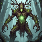 Sinister Wooden Figure in a Misty Forest Setting
