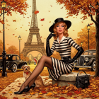 Stylish Woman in Striped Dress with Eiffel Tower Background
