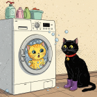 Cartoon Scene of Kittens by a Bubbling Washing Machine
