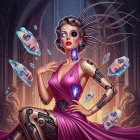 Futuristic Woman in Pink Gown with Mechanical Limbs
