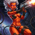 Futuristic Character with Orange Skin and Sci-Fi Setting