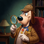 Cartoon Dog Detective in Cozy Room with Magnifying Glass