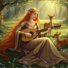 Woman Playing Lute in Serene Forest with Fawns