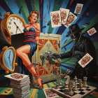 Glamorous Woman and Masked Figure by an Ornate Safe